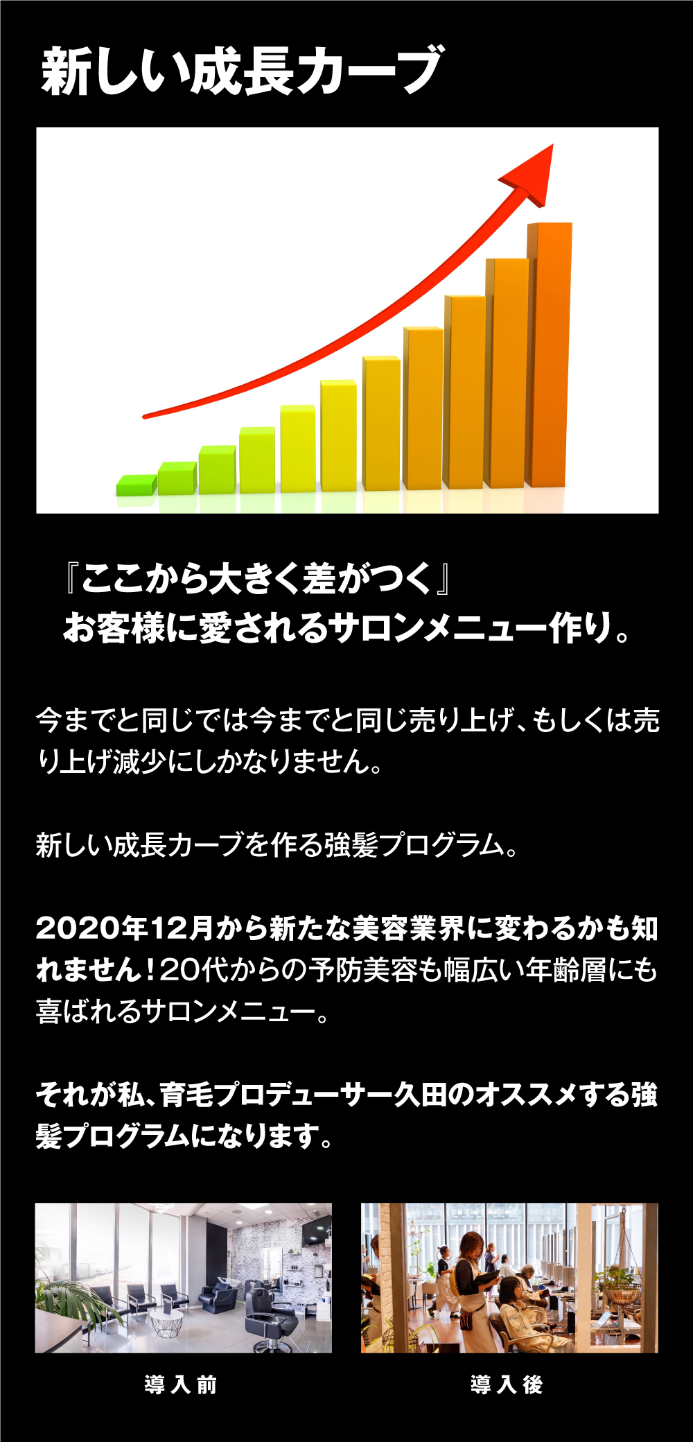 新しい成長カーブ　『ここから大きく差がつく』
お客様に愛されるサロンメニュー作り。今までと同じでは今までと同じ売り上げ、もしくは売り上げ減少にしかなりません。新しい成長カーブを作る強髪プログラム。2020年12月から新たな美容業界に変わるかも知れません！20代からの予防美容も幅広い年齢層にも喜ばれるサロンメニュー。それが私、育毛プロデューサー久田のオススメする強髪プログラムになります。